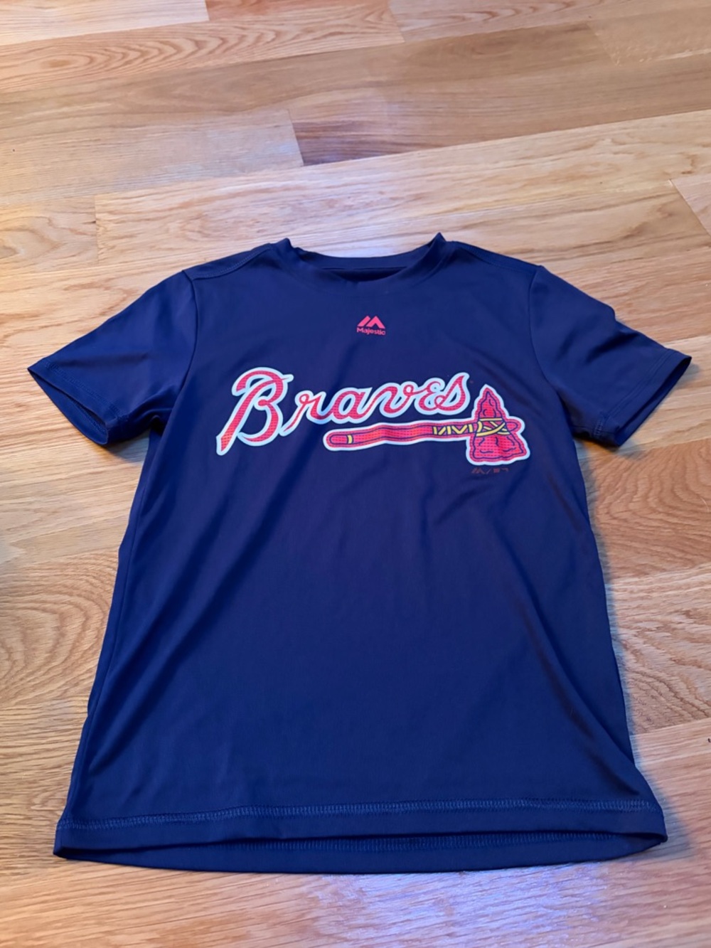 Majestic Navy Atlanta Braves Youth Tee with Red & White Logo
